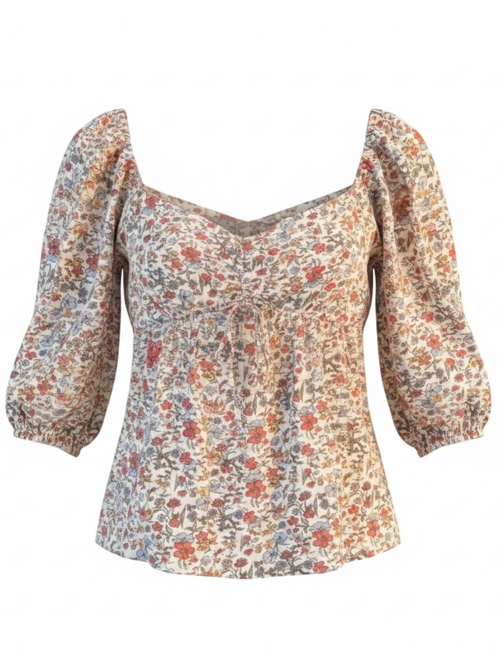 Women's Floral Puff-Sleeve Blouse in Cream with Pink & Blue Flowers